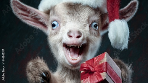 Joyful yuletide: a cheery goat kid in festive splendor. Provocative poses. Festive baby goat with santa hat and holiday decorations all around. Fantastical figures. Experimental photography.