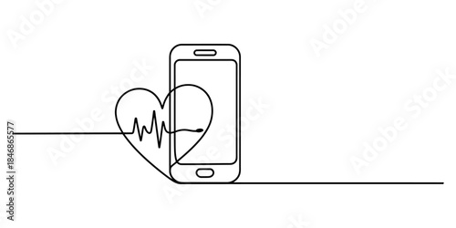 Continuous line drawing of a smartphone and heart with a heartbeat inside Vector, illustration