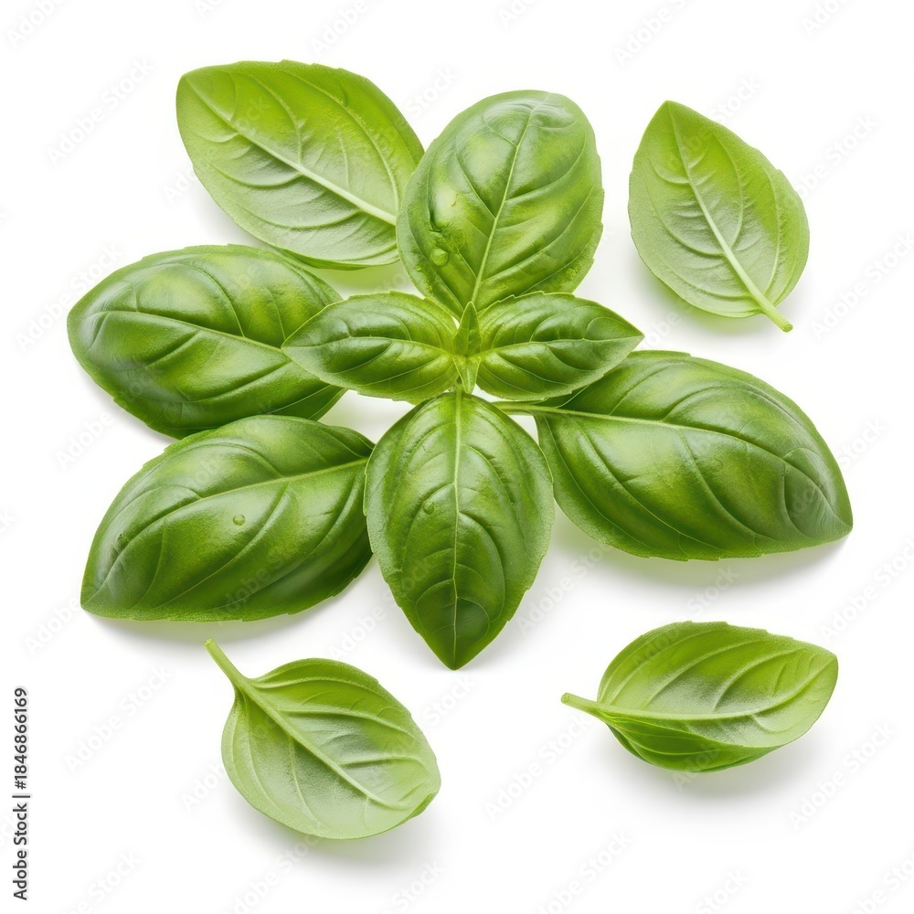 Fototapeta premium Fresh aromatic green herb leaves are scattered across a clean white surface