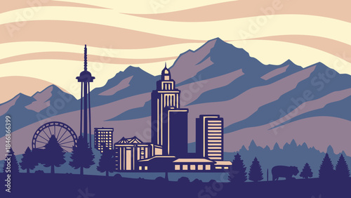 Denver skyline featuring majestic mountains in the background, perfect for travel blogs, websites, and marketing materials showcasing the vibrant city.