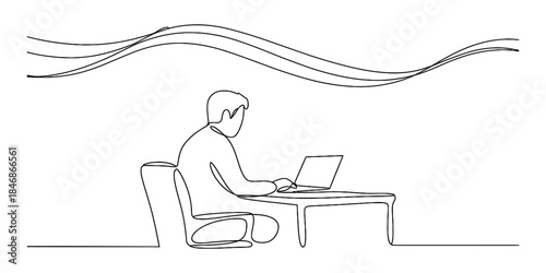Continuous line drawing of a person working on a laptop at a desk Vector, illustration
