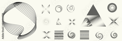 Linear, circular halftone dots circles set,  dotted ring and spiral circle shapes for modern design, technology, or motion graphic backgrounds. Dotted round elements, radial spirals, and vortex.