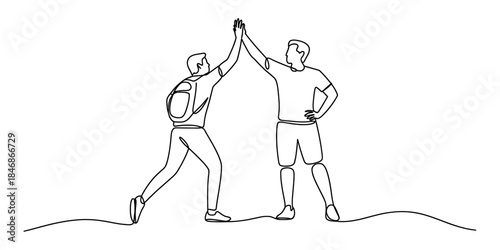 Continuous line art drawing of two men high fiving, celebrating teamwork and success. Vector, illustration