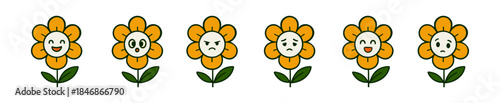 A set of six cheerful cartoon sunflower characters expressing various emotions like happiness, surprise, anger, and sadness. Fun retro groovy style vector illustrations.