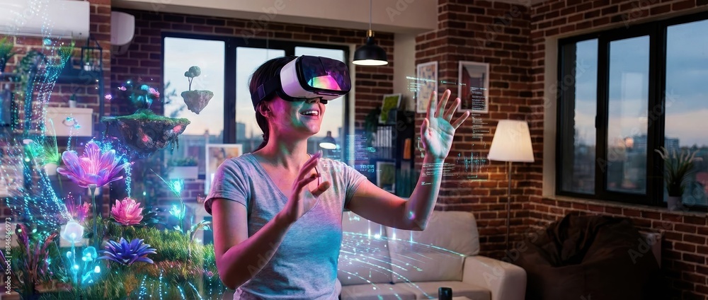 Obraz premium A person interacts with a virtual reality headset, surrounded by vibrant holographic elements in a cozy indoor setting.