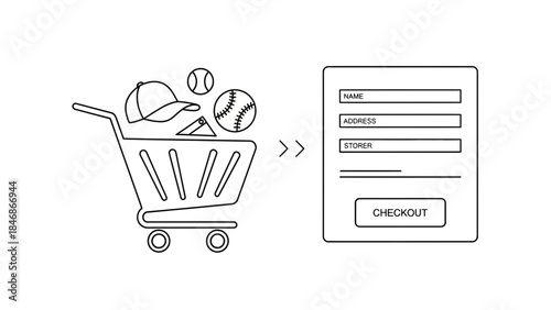 Online shopping cart with baseball gear going to checkout