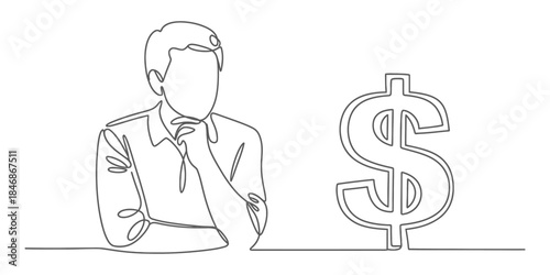 A man thinking about financial decisions illustrated by a continuous line drawing Vector, illustration