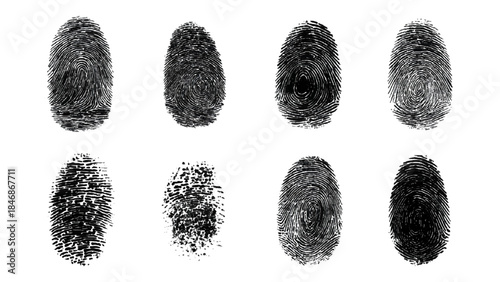 Abstract grunge fingerprint handprint background set with dirty ink paint texture. black and white human identity forensic security concept vector illustration.