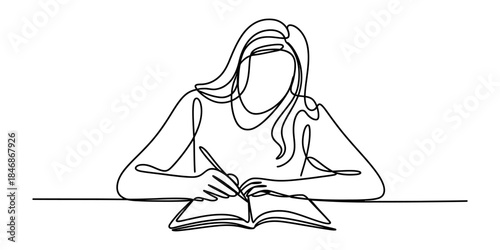 Continuous line drawing of a woman writing in a notebook at a desk Vector, illustration