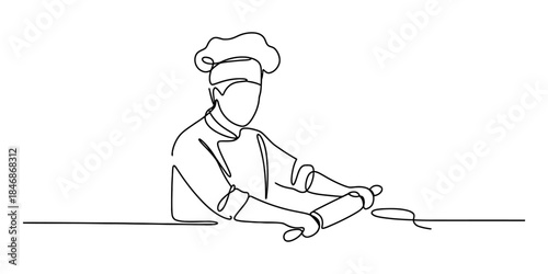 Minimalist continuous line drawing of a professional chef preparing a pastry with a rolling pin Vector, illustration