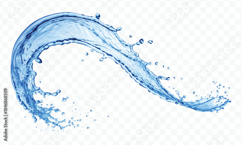 dynamic smooth liquid fresh water splash with drops in mid air cut out and curve style isolated on white background