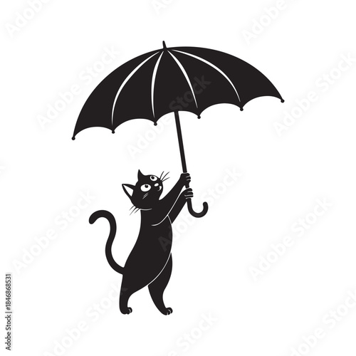 Cat Holding Umbrella Upside Down Silhouette Icon.