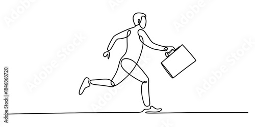 A continuous one line art drawing illustrating a busy businessman running with a briefcase. Vector, illustration