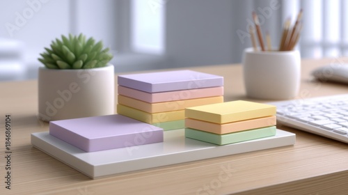 Wallpaper Mural Colorful sticky notes stacked neatly on a desk with a potted plant and office supplies in a bright and modern workspace setting for creative ideas Torontodigital.ca