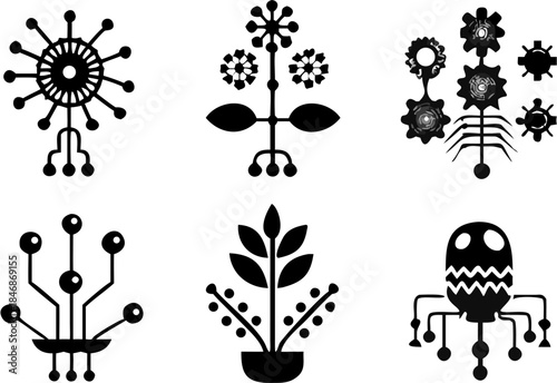 Mechanical flowers with gears and wires on black