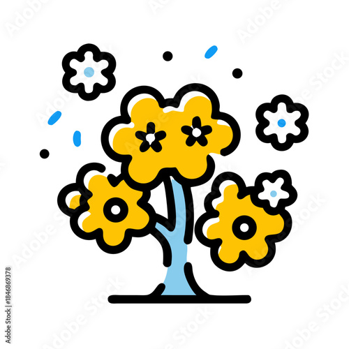 Abstract illustration of a flowering plant in bloom with falling pollen