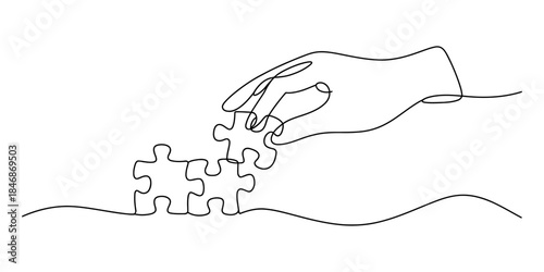 Continuous line art drawing of a hand solving a puzzle by placing the final piece Vector, illustration