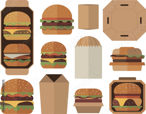 Delicious Burgers and Eco-Friendly Takeaway Packaging Flat Vector Set