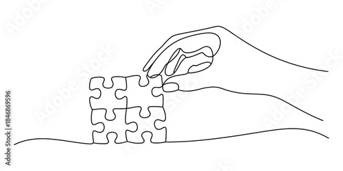A continuous line drawing of a hand placing the final piece of a jigsaw puzzle Vector, illustration