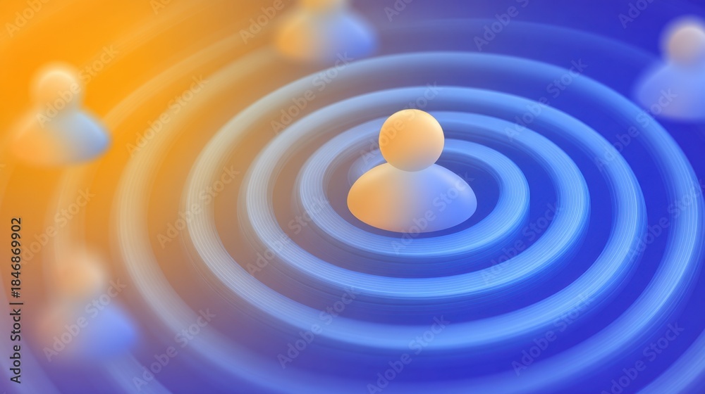 Obraz premium Abstract illustration of focus and influence with a central figure surrounded by concentric circles in a vibrant blue and orange gradient background
