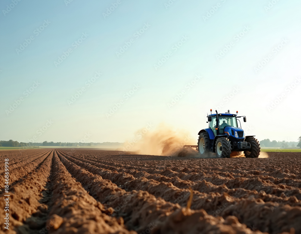Obraz premium Blue tractor cultivates dry brown earth in open field, throwing dust. Rows of soil stretch to horizon under clear sky. Rural farm prepares land for planting crops.