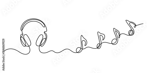 Continuous line art drawing of headphones flowing into musical notes representing sound Vector, illustration