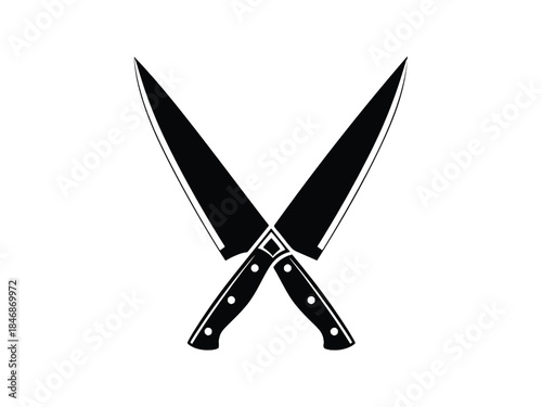 Two crossed kitchen knives in a striking black and white illustration