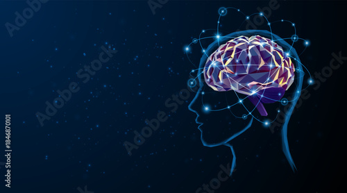 Abstract depiction of a human head with an artificial neural network or artificial intelligence brain. Technology theme: Digital brain science for future learning. Background concept: Innovative moder