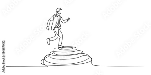 Continuous line drawing of a businessman running up a spiral path, representing progress and ambition Vector, illustration