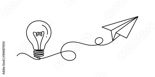 An idea takes flight represented by a light bulb and paper airplane single line art Vector, illustration