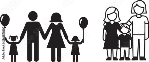 Vector silhouettes of fashion women, happy family with children, and couples in love art illustrations featuring icons of shopping and people in dress design
