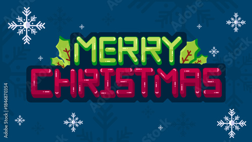 Holiday cheer: The words MERRY CHRISTMAS shine with festive spirit, framed by snowflakes and festive holly branches, evoking the joy of the holiday season.