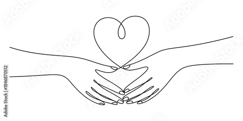 Simple continuous line drawing of two hands creating a heart shape, representing love and care Vector, illustration
