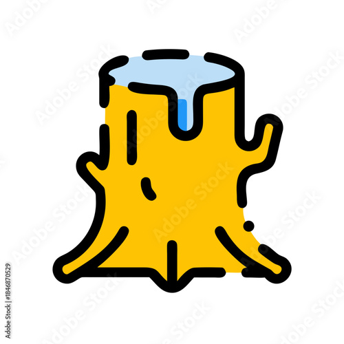 A stylized illustration of a vibrant yellow tree stump with a fresh light blue top