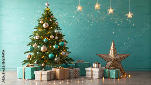 Elegant Christmas Tree with Teal and Gold Ornaments, creating a festive mood, adorned with beautiful wrapping paper and stylish home decor.