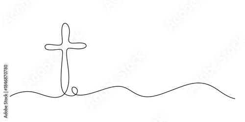 Minimalist continuous line drawing of a religious cross on a white background Vector, illustration