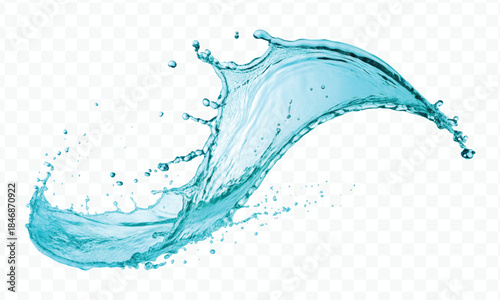 dynamic smooth liquid fresh water splash with drops in mid air cut out and curve style isolated on white background