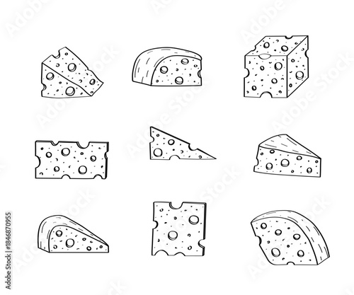 Cheese with holes vector doodle illustration. A set of pieces of maasdam cheese. Isolated on white background.