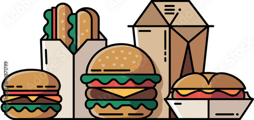 Fast Food Takeaway Set - Burgers, Hot Dogs, and French Fries in Packaging