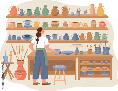Female Potter Working in Workshop with Ceramic Pottery and Clay Products