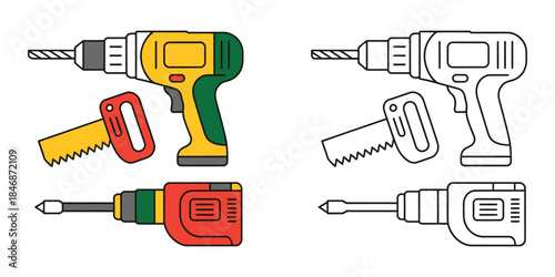 Construction hand tools coloring page Vector illustration