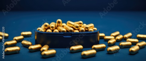 Vibrant golden metallic capsules overflowing a small dark blue container with several scattered on a rich blue surface