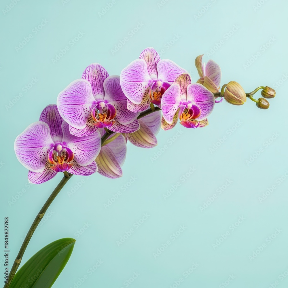 Naklejka premium Vibrant pink striped orchid blossoms adorn a slender stem against a soft pastel background