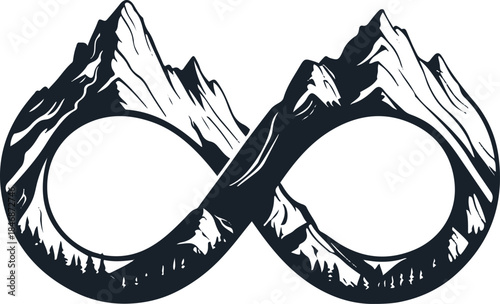 Single-line illustration of a mountain landscape forming an infinity symbol, adventure and freedom theme