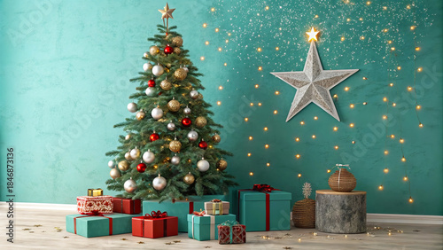 Christmas Tree with Gifts and Star Decoration: Embrace the festive mood with vibrant wrapping paper and charming home decor for joyful celebrations.