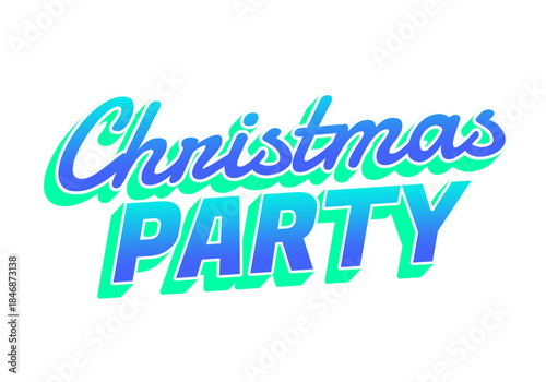 A vibrant and colorful text design featuring the words Christmas Party in playful font. The text is styled with a gradient effect, blending shades of blue and green.