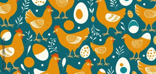 Vibrant seamless pattern with stylized orange hens white eggs and delicate white foliage on a deep teal background