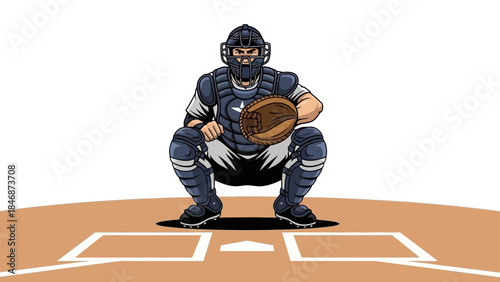 Catcher crouching behind home plate ready to catch baseball