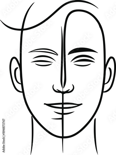 Minimal single-line illustration of a human face split into day and night emotions, bold continuous stroke, clean vector, white background