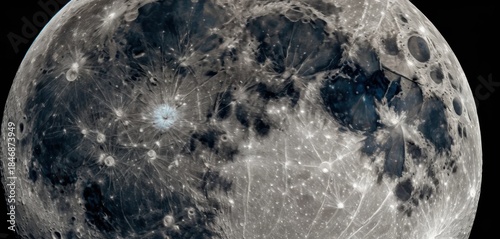 Detailed high resolution view of the Moon's surface featuring craters bright ray systems and dark lunar maria